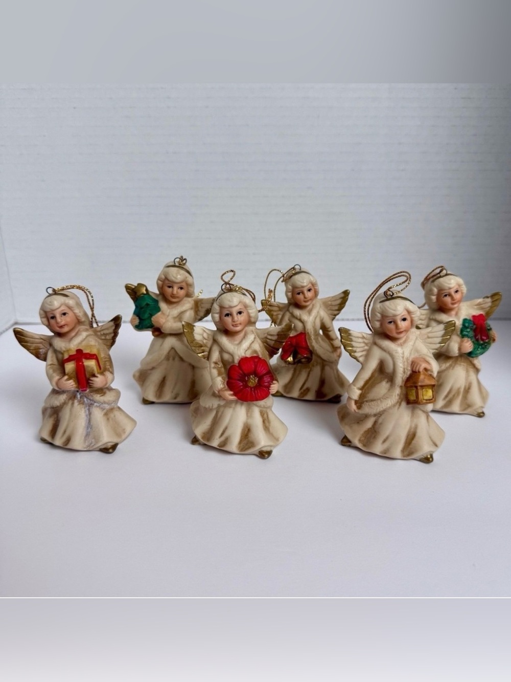 Vintage Homco Porcelain Christmas AngelOrnaments Set of 6 Taiwan Gold Accents